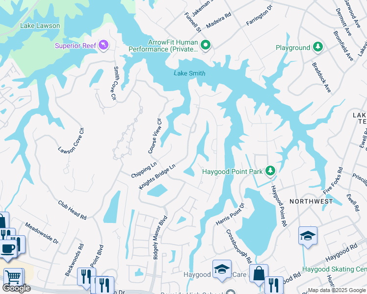 map of restaurants, bars, coffee shops, grocery stores, and more near 1245 Knights Bridge Ln in Virginia Beach