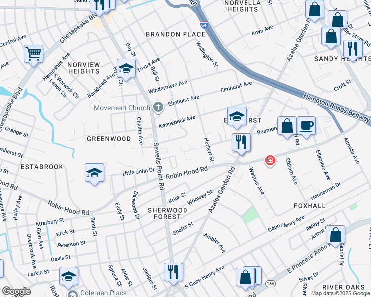 map of restaurants, bars, coffee shops, grocery stores, and more near 4856 Beamon Road in Norfolk