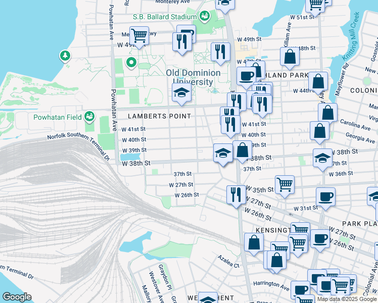 map of restaurants, bars, coffee shops, grocery stores, and more near 1313 West 39th Street in Norfolk