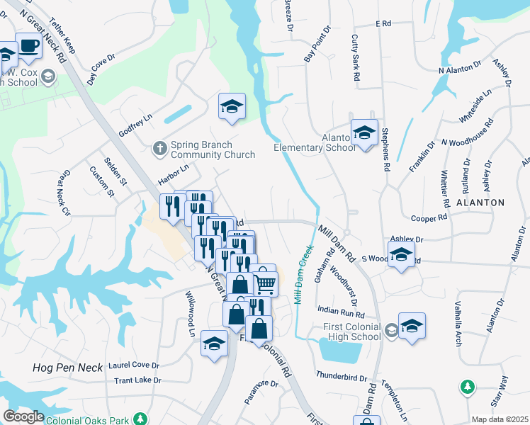 map of restaurants, bars, coffee shops, grocery stores, and more near 1405 Water Mill Circle in Virginia Beach