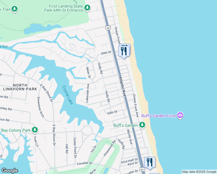 map of restaurants, bars, coffee shops, grocery stores, and more near 212B 54th Street in Virginia Beach