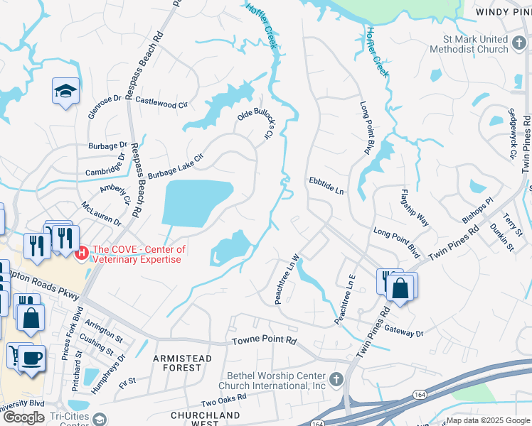 map of restaurants, bars, coffee shops, grocery stores, and more near 6734 Burbage Lake Circle in Suffolk