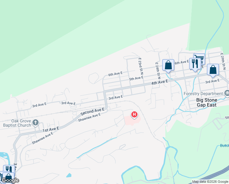 map of restaurants, bars, coffee shops, grocery stores, and more near 2015-2021 4th Ave E in Big Stone Gap