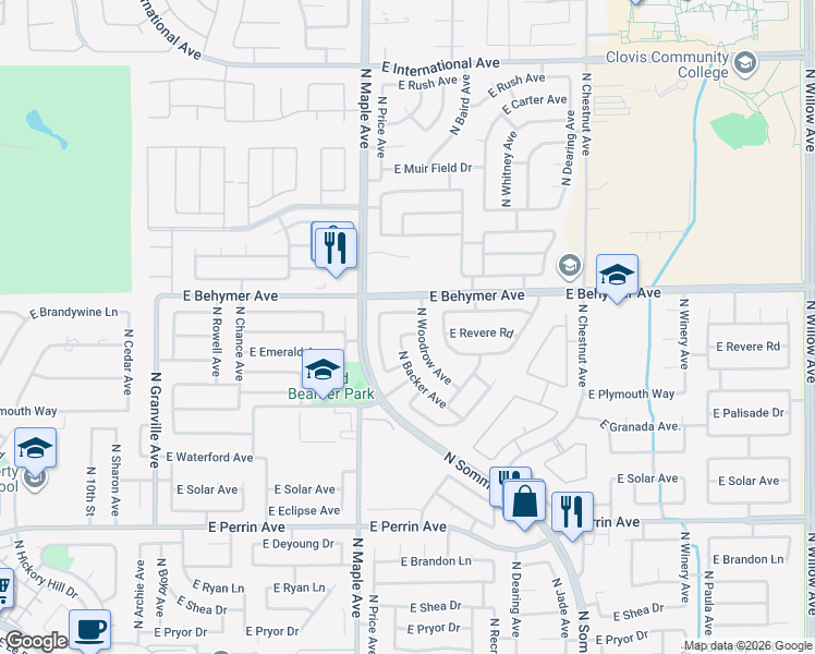 map of restaurants, bars, coffee shops, grocery stores, and more near 2098 East Revere Road in Fresno