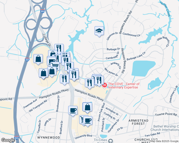 map of restaurants, bars, coffee shops, grocery stores, and more near 102 Graystone Trace in Suffolk