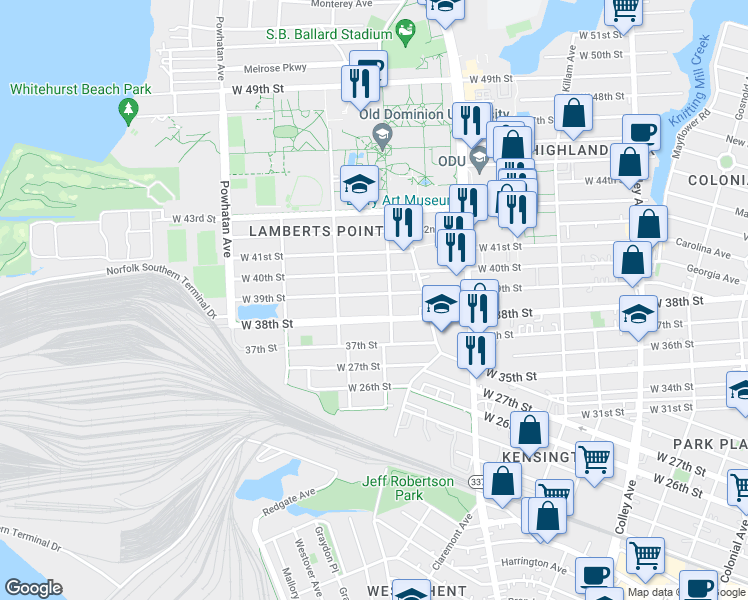 map of restaurants, bars, coffee shops, grocery stores, and more near 1313 West 39th Street in Norfolk