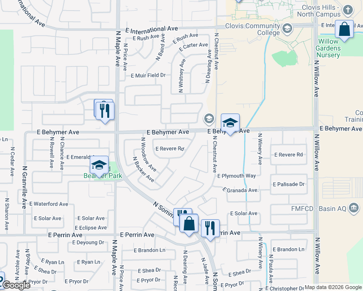 map of restaurants, bars, coffee shops, grocery stores, and more near 2309 East Brandywine Lane in Fresno