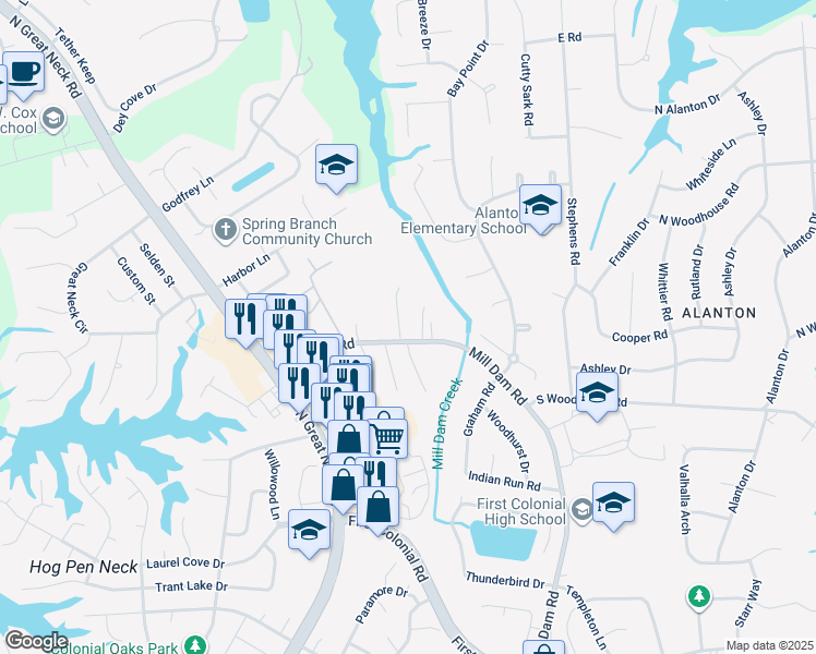 map of restaurants, bars, coffee shops, grocery stores, and more near 1404 Water Mill Circle in Virginia Beach
