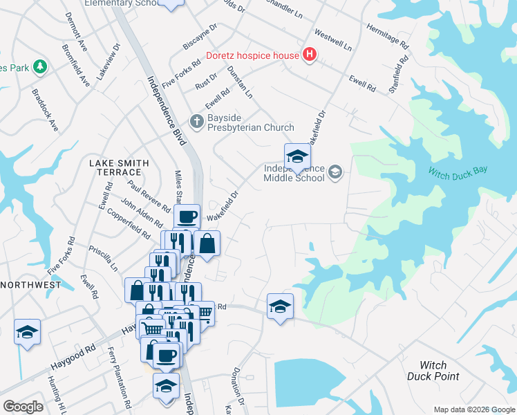 map of restaurants, bars, coffee shops, grocery stores, and more near 1345 Reedtown Road in Virginia Beach