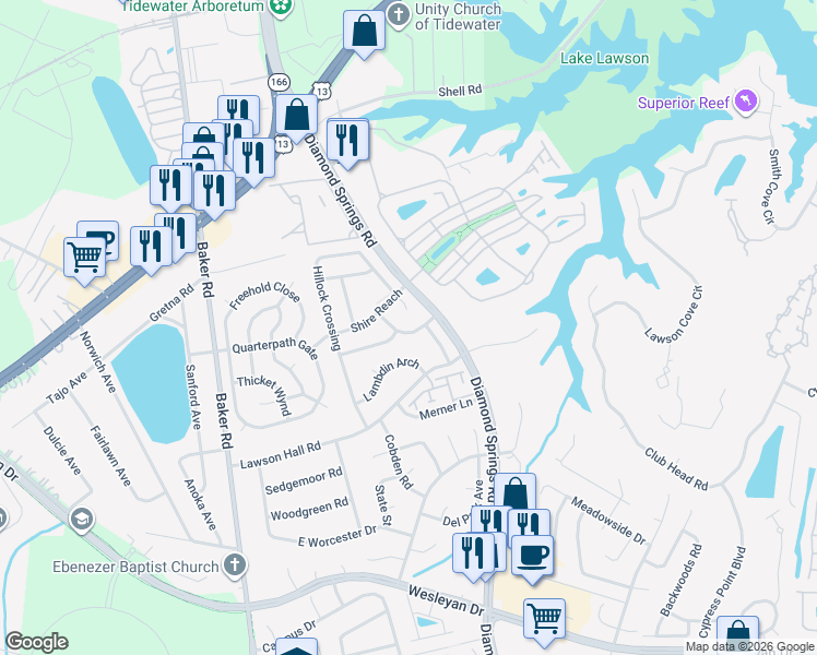 map of restaurants, bars, coffee shops, grocery stores, and more near 1004 Trappings Wynd in Virginia Beach