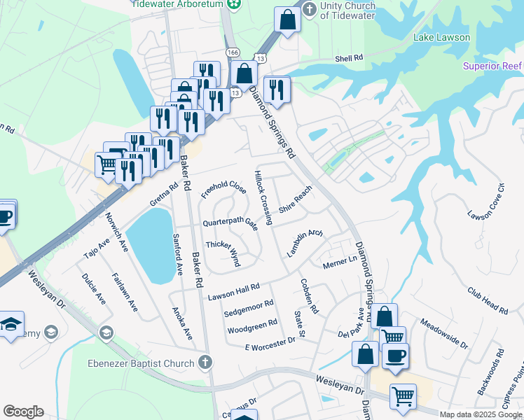 map of restaurants, bars, coffee shops, grocery stores, and more near 1221 Freehold Close in Virginia Beach