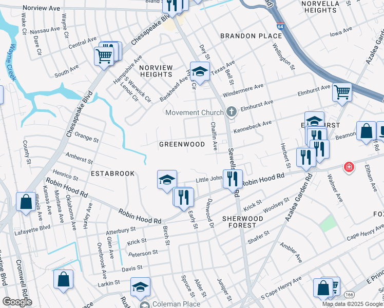 map of restaurants, bars, coffee shops, grocery stores, and more near 3139 Locust Avenue in Norfolk