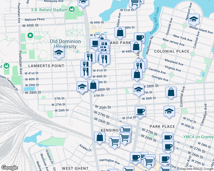 map of restaurants, bars, coffee shops, grocery stores, and more near 1012 West 38th Street in Norfolk