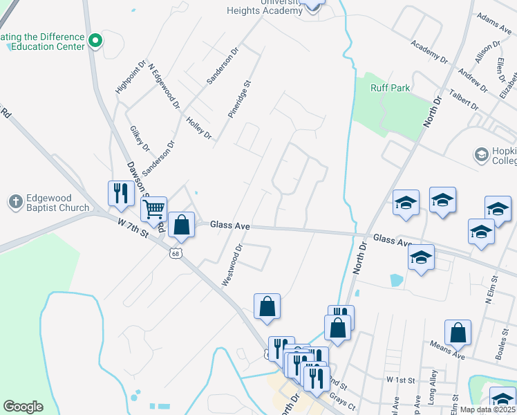 map of restaurants, bars, coffee shops, grocery stores, and more near 608 Colonelette Drive in Hopkinsville