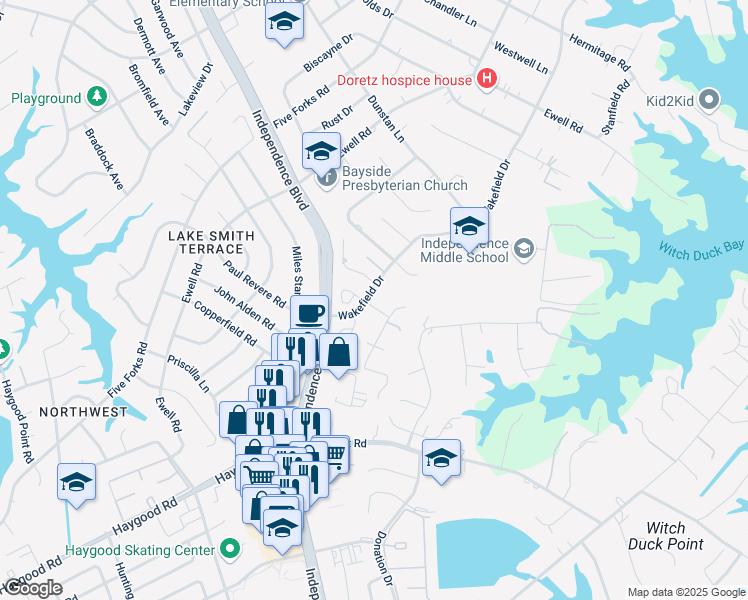 map of restaurants, bars, coffee shops, grocery stores, and more near 4496 Sir Johns Lane in Virginia Beach