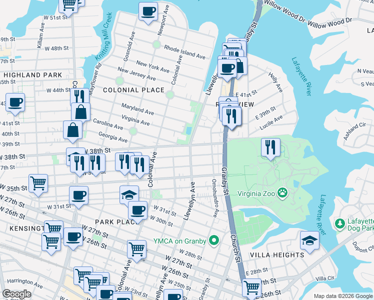 map of restaurants, bars, coffee shops, grocery stores, and more near 3719 Llewellyn Avenue in Norfolk