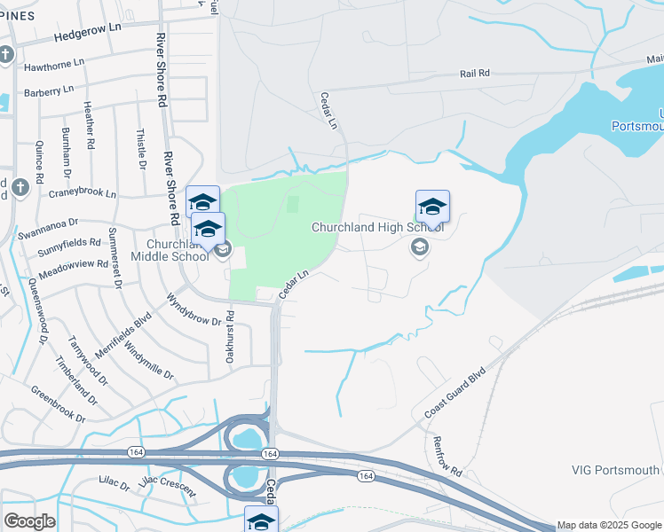 map of restaurants, bars, coffee shops, grocery stores, and more near 4211 Cedar Lane in Portsmouth
