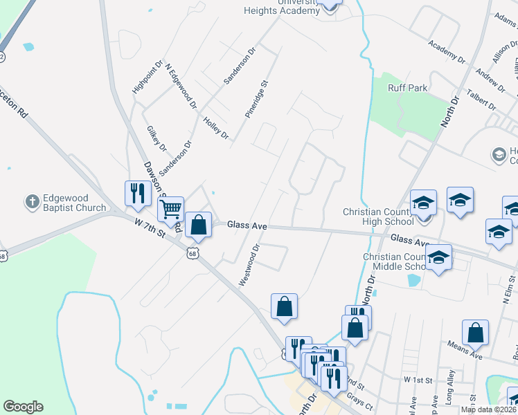 map of restaurants, bars, coffee shops, grocery stores, and more near 602 B Colonelette Drive in Hopkinsville