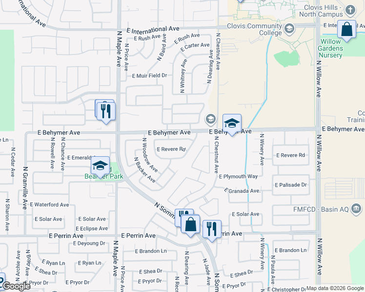 map of restaurants, bars, coffee shops, grocery stores, and more near 2309 East Brandywine Lane in Fresno