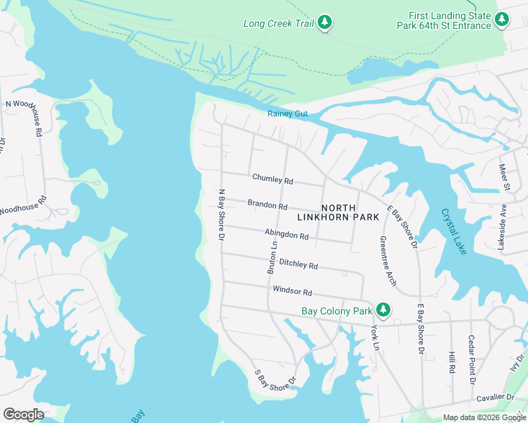 map of restaurants, bars, coffee shops, grocery stores, and more near 1109 Brandon Road in Virginia Beach
