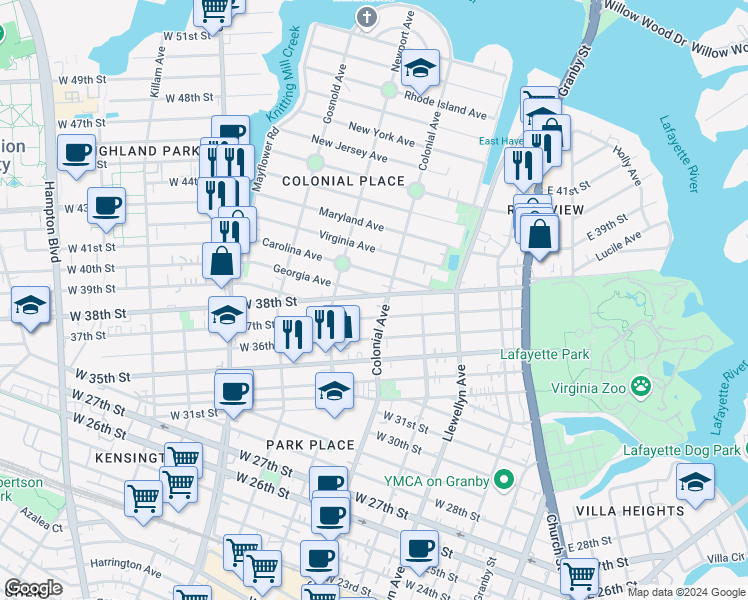 map of restaurants, bars, coffee shops, grocery stores, and more near 527 West 38th Street in Norfolk