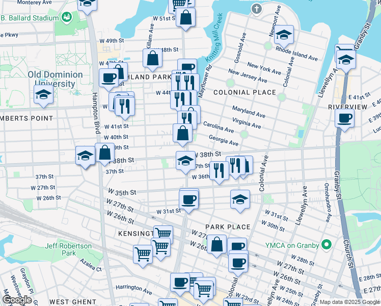 map of restaurants, bars, coffee shops, grocery stores, and more near 3808 Colley Avenue in Norfolk