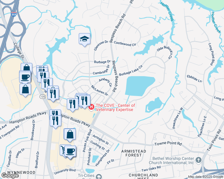 map of restaurants, bars, coffee shops, grocery stores, and more near 6106 Amberly Circle in Suffolk