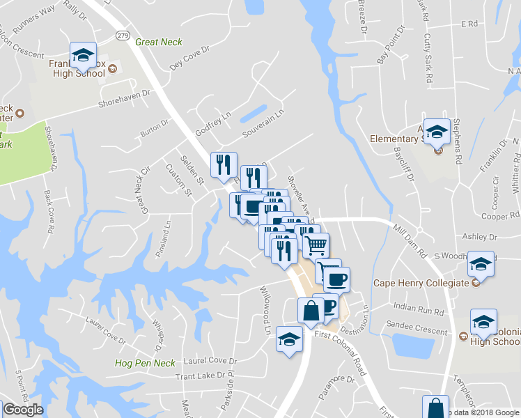 map of restaurants, bars, coffee shops, grocery stores, and more near 1432 North Great Neck Road in Virginia Beach