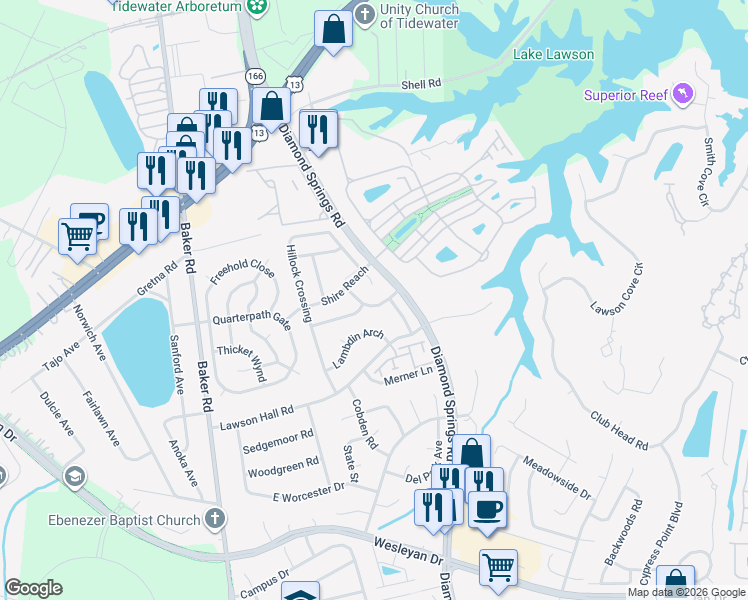 map of restaurants, bars, coffee shops, grocery stores, and more near 1004 Trappings Wynd in Virginia Beach