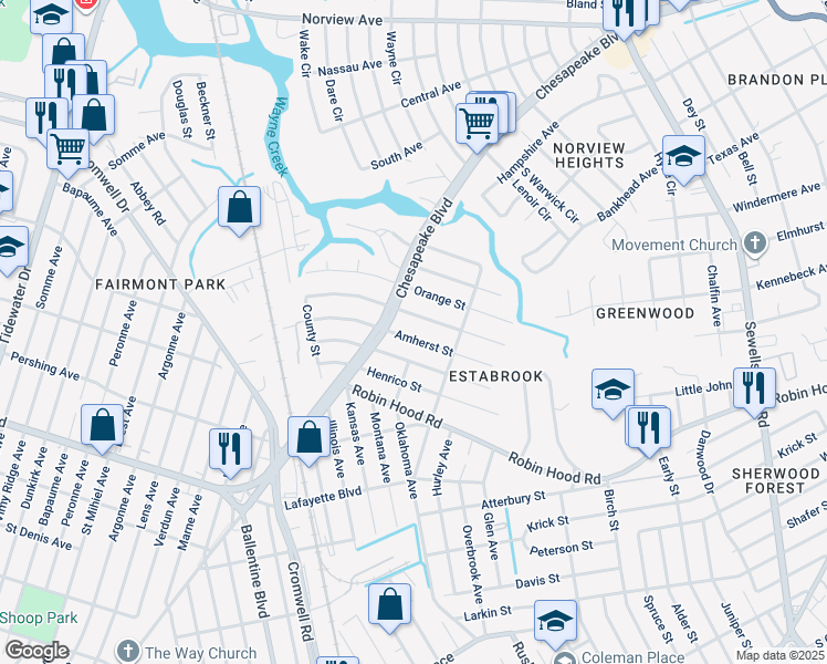 map of restaurants, bars, coffee shops, grocery stores, and more near 3624 Amherst Street in Norfolk