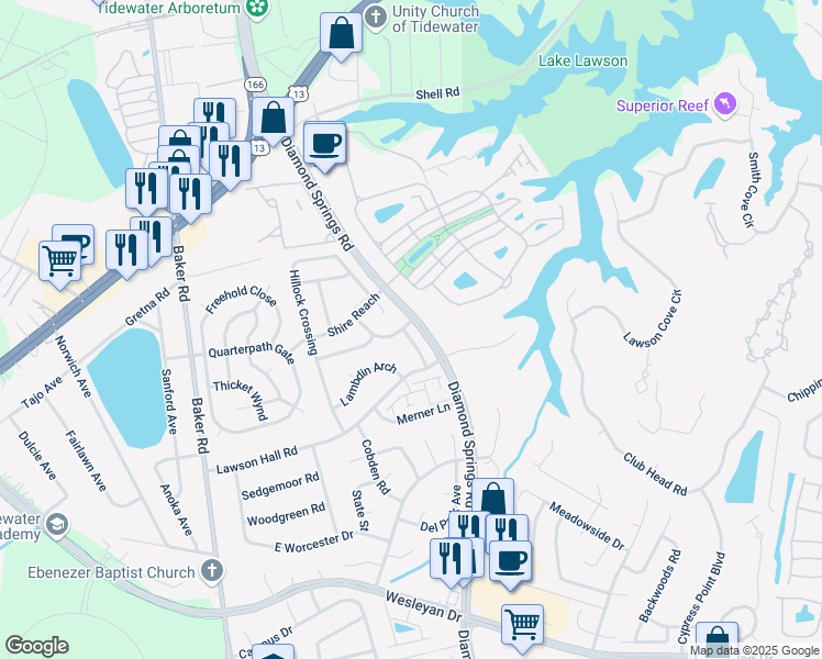 map of restaurants, bars, coffee shops, grocery stores, and more near 1004 Trappings Wynd in Virginia Beach