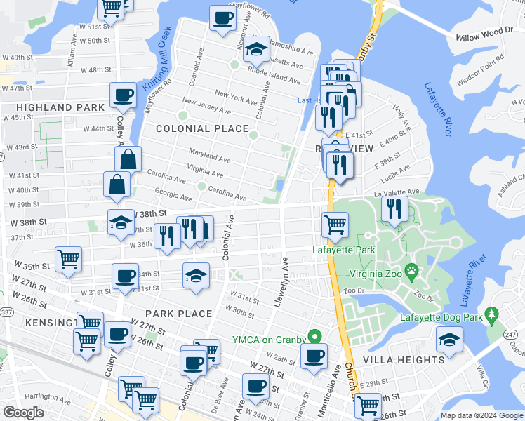 map of restaurants, bars, coffee shops, grocery stores, and more near 325 West 38th Street in Norfolk