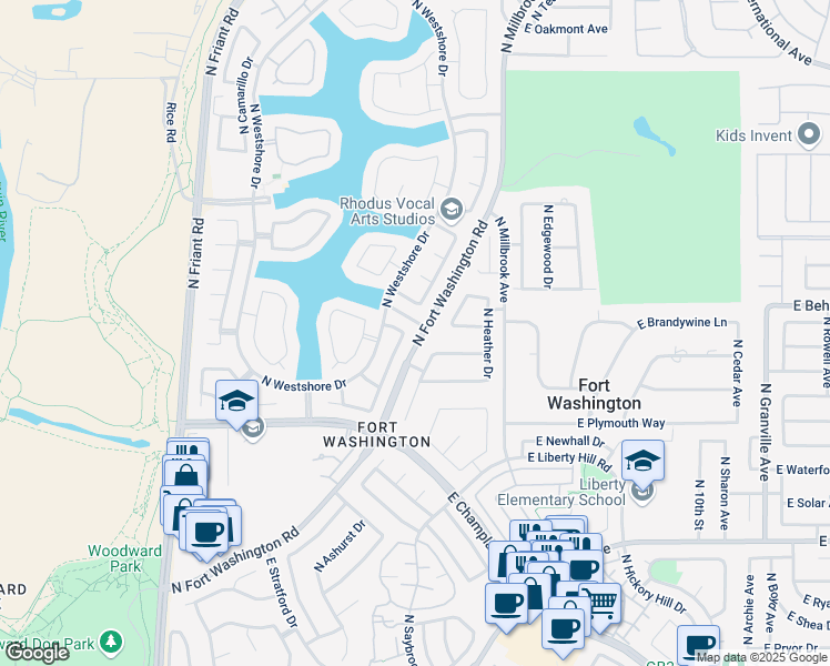 map of restaurants, bars, coffee shops, grocery stores, and more near 790 East Boulder Creek Lane in Fresno