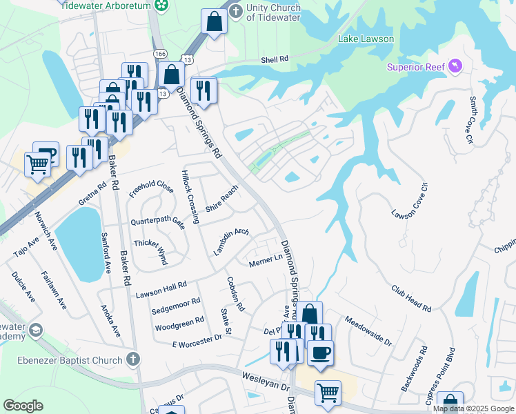 map of restaurants, bars, coffee shops, grocery stores, and more near 1004 Trappings Wynd in Virginia Beach