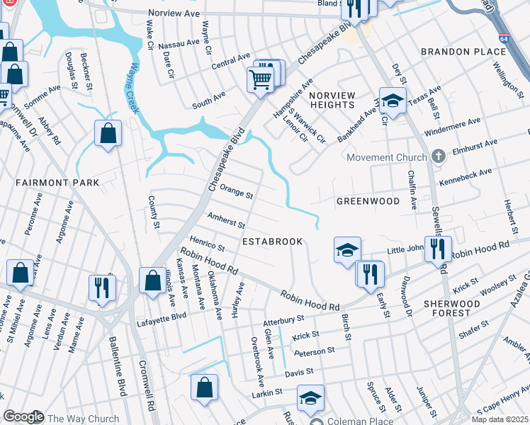 map of restaurants, bars, coffee shops, grocery stores, and more near 3725 Orange Street in Norfolk