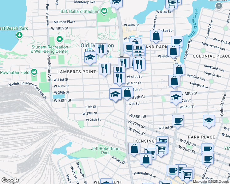 map of restaurants, bars, coffee shops, grocery stores, and more near 1228 West 39th Street in Norfolk