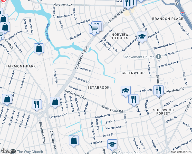 map of restaurants, bars, coffee shops, grocery stores, and more near 3725 Orange Street in Norfolk