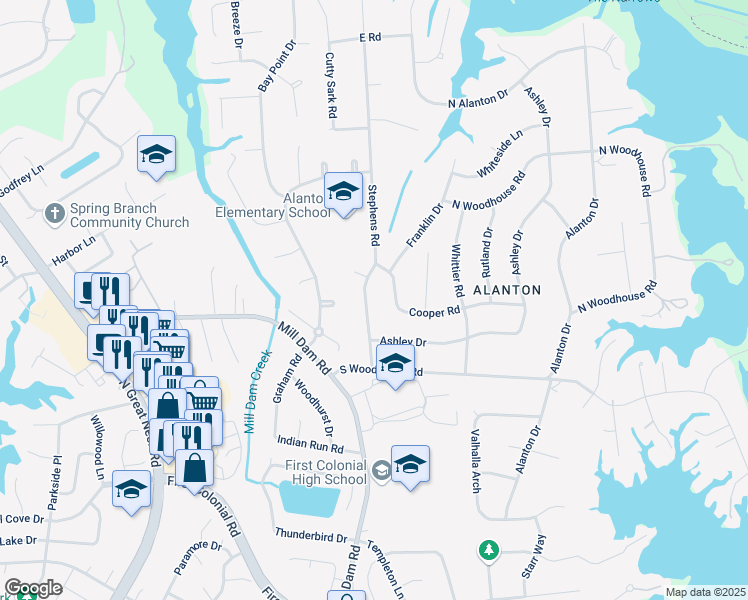 map of restaurants, bars, coffee shops, grocery stores, and more near 1372 Stephens Road in Virginia Beach
