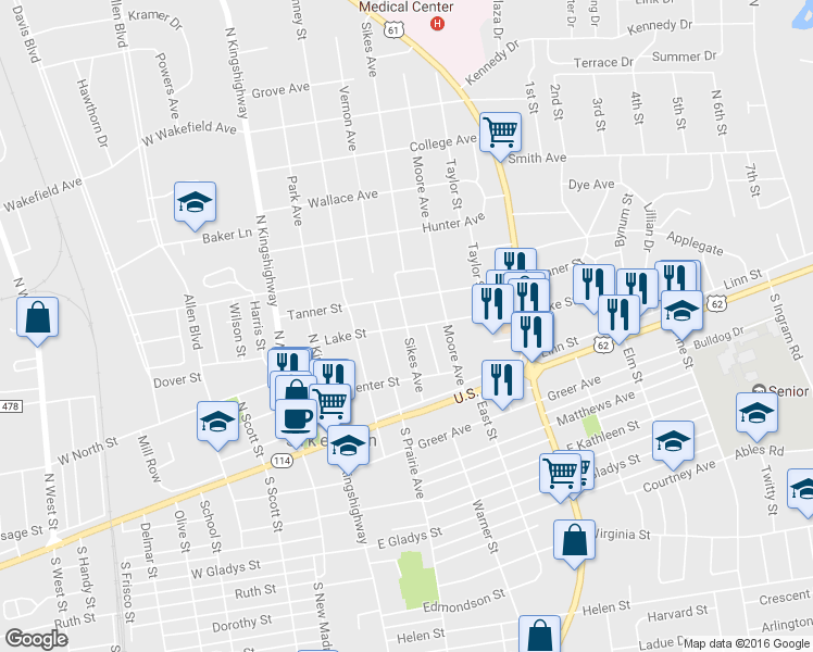 map of restaurants, bars, coffee shops, grocery stores, and more near 304 Sikes Avenue in Sikeston