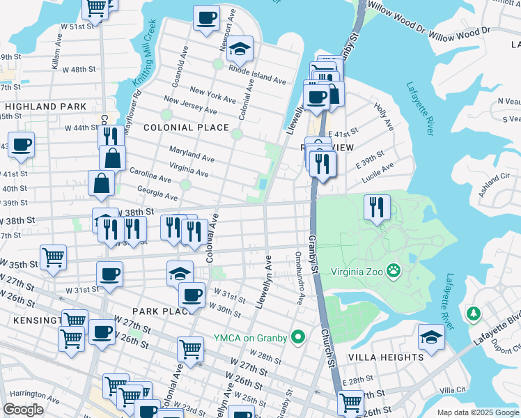 map of restaurants, bars, coffee shops, grocery stores, and more near 3719 Llewellyn Avenue in Norfolk