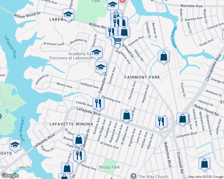 map of restaurants, bars, coffee shops, grocery stores, and more near 3314 Somme Avenue in Norfolk