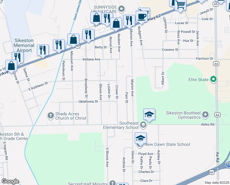 map of restaurants, bars, coffee shops, grocery stores, and more near 328 Crowe Street in Sikeston