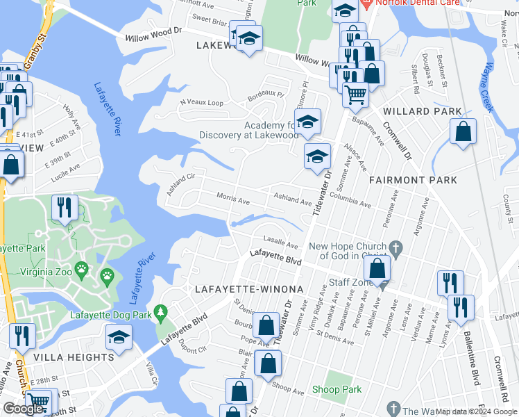 map of restaurants, bars, coffee shops, grocery stores, and more near 1639 Morris Avenue in Norfolk