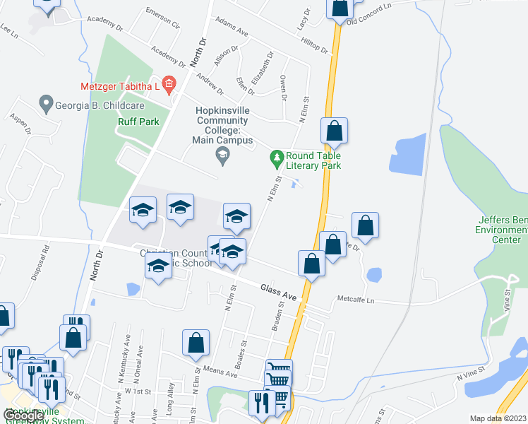 map of restaurants, bars, coffee shops, grocery stores, and more near 818 North Elm Street in Hopkinsville