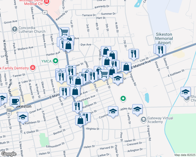 map of restaurants, bars, coffee shops, grocery stores, and more near 942 East Malone Avenue in Sikeston
