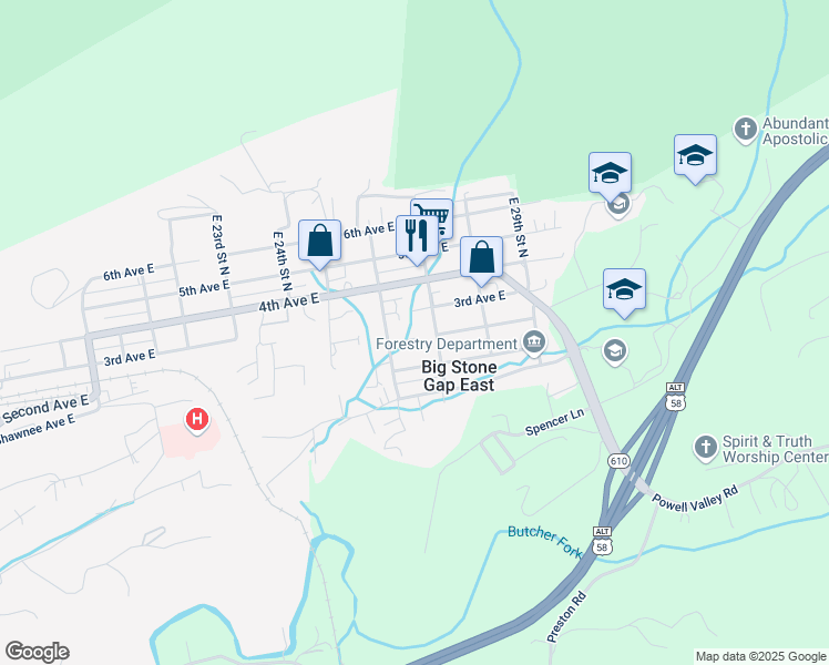 map of restaurants, bars, coffee shops, grocery stores, and more near 2017 2nd Avenue in Big Stone Gap