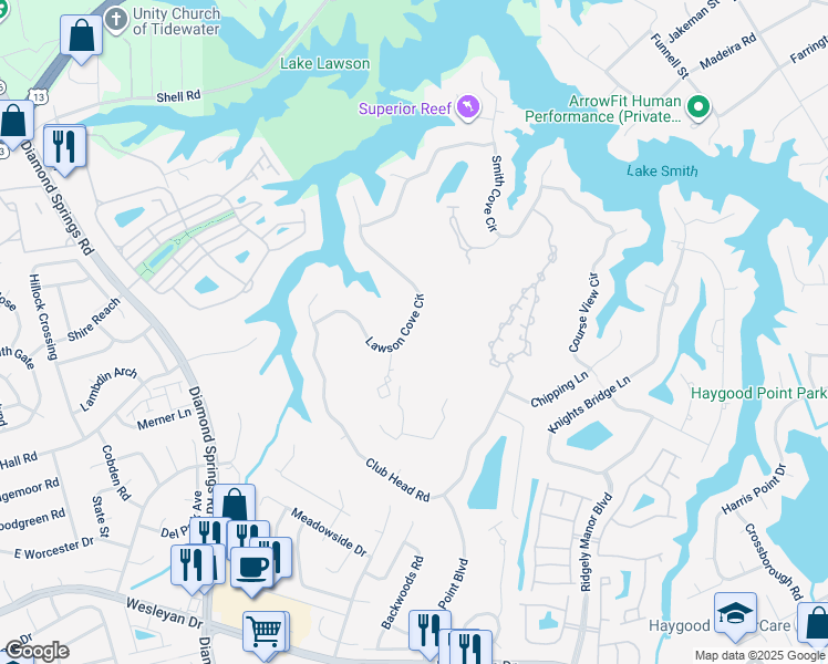 map of restaurants, bars, coffee shops, grocery stores, and more near 1160 Lawson Cove Circle in Virginia Beach