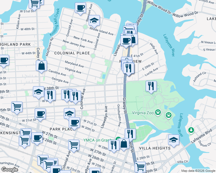 map of restaurants, bars, coffee shops, grocery stores, and more near 217 West 38th Street in Norfolk