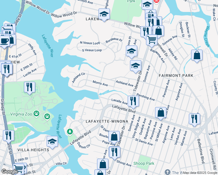 map of restaurants, bars, coffee shops, grocery stores, and more near 1639 Morris Avenue in Norfolk