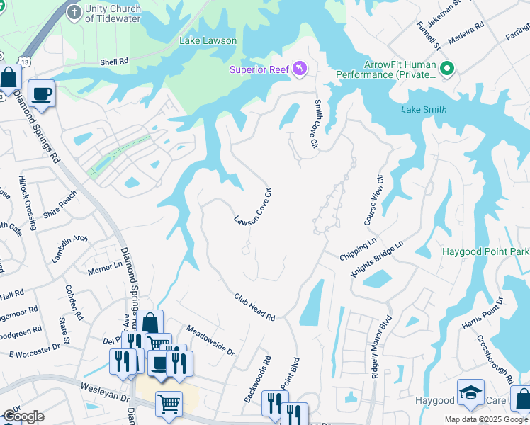 map of restaurants, bars, coffee shops, grocery stores, and more near 1160 Lawson Cove Circle in Virginia Beach